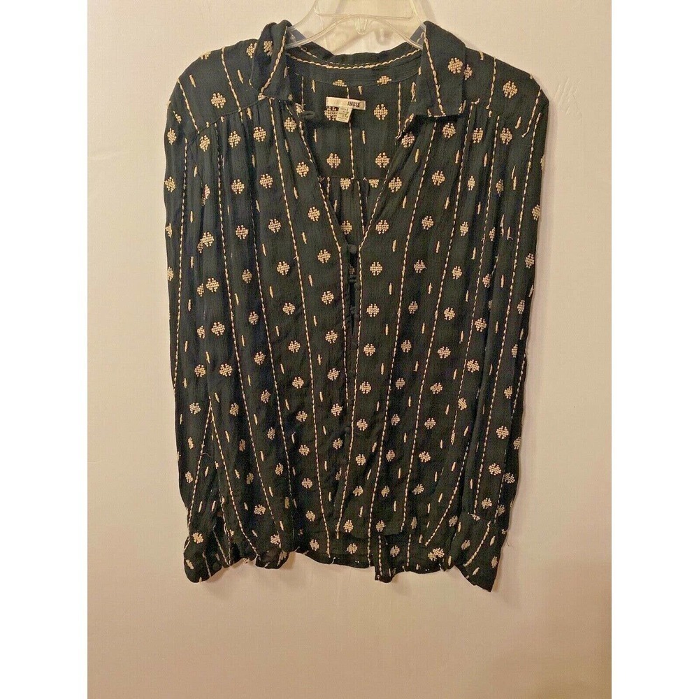 AMUSE Society Long Sleeve Button Front Blouse Shirt Crochet Black Size Small